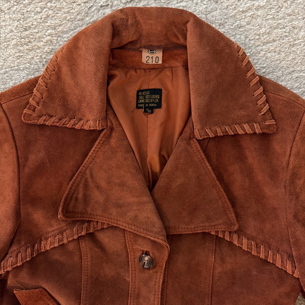 Vintage Suede Jacket 70s 80's Small Boho Western Whipstitch Cognac Leather Coat - Picture 6 of 16